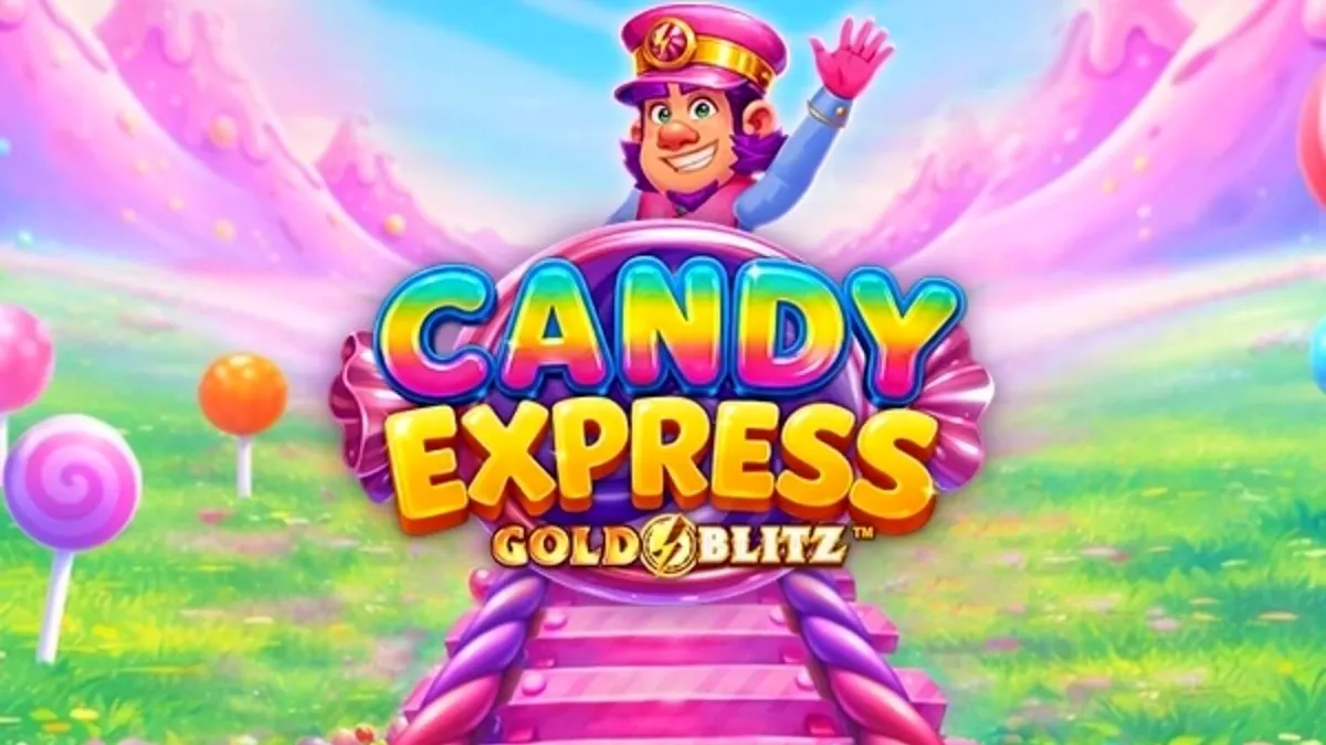 Tampilan visual kereta permen dalam slot Candy Express Gold Blitz