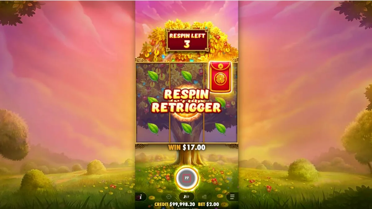 Tampilan visual slot Lucky Fortune Tree dengan latar belakang lembah yang tenang dan pohon keberuntungan emas.